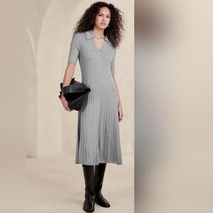 Banana Republic  grey fit and flare rib knit fine merino Polo dress size L Nwot
